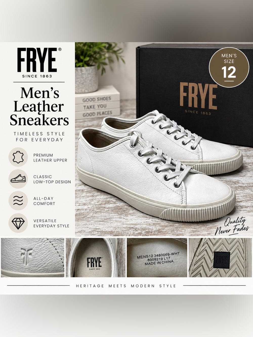 FRYE Men’s White Leather Low Top Sneakers Size 12 Lace Up Casual Shoes